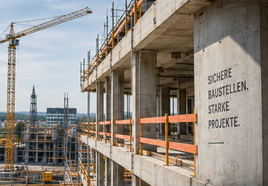 Illustratives Baustellenmotiv mit Rohbau, Kran und seitlichen Schutzgeländern
