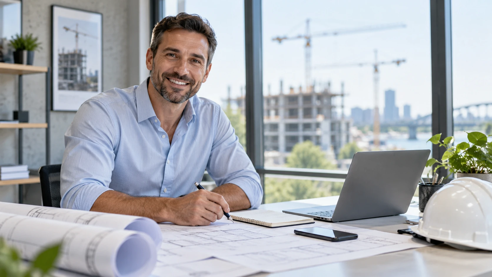Ansprechpartner im Planungsbüro mit Laptop, Bauplänen und Blick auf die Baustelle