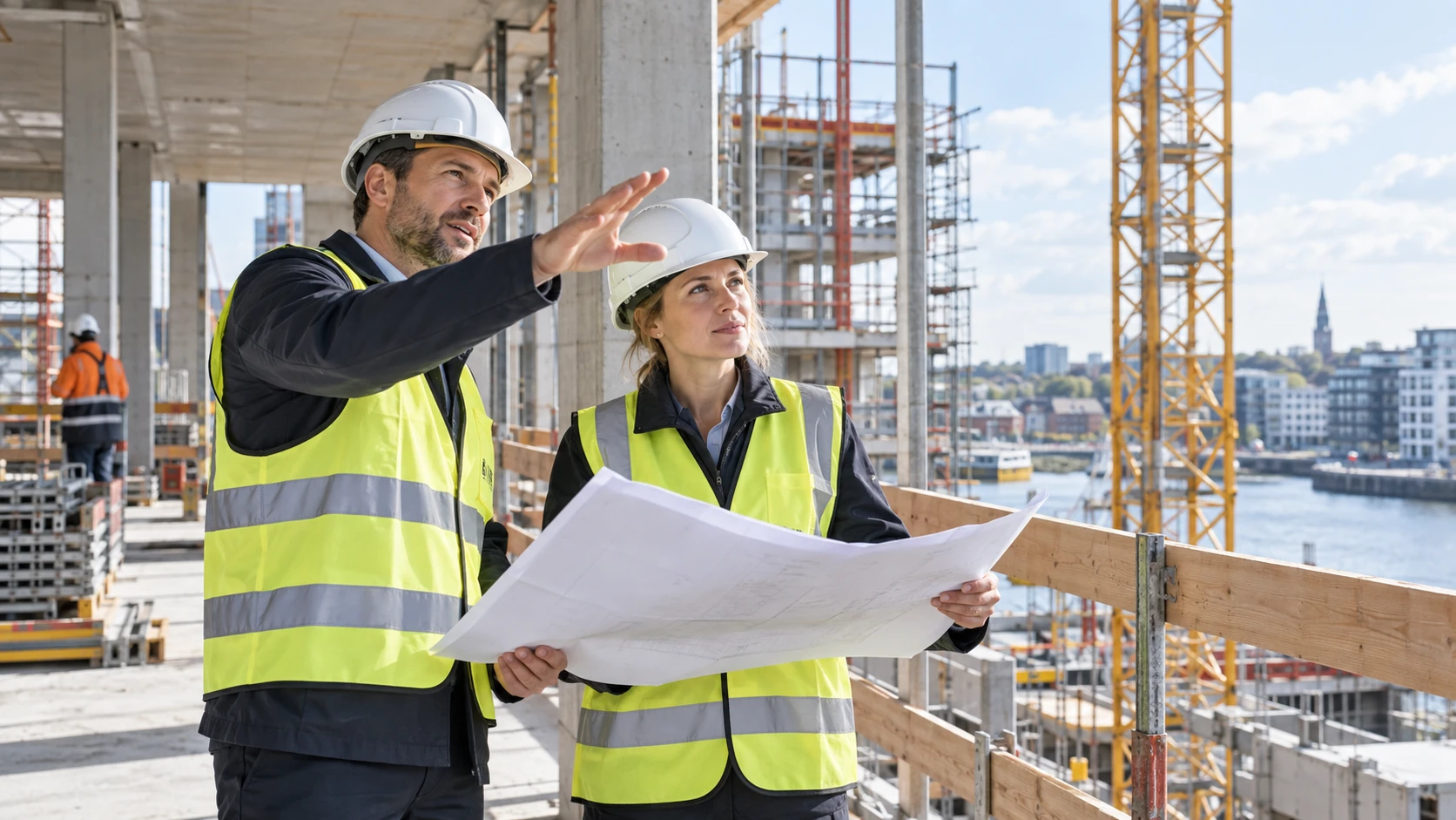 Bauleiter und Architektin auf einer Baustelle bei der Projektabstimmung