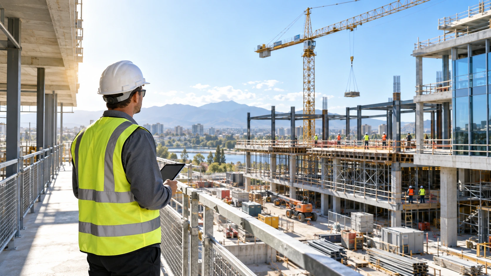 Bauleiter mit Tablet überblickt eine moderne Großbaustelle in der Ausführungsphase
