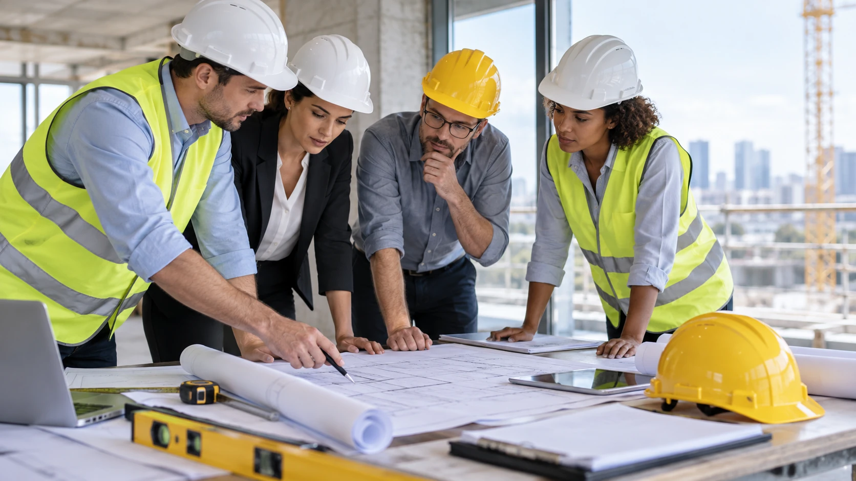 Teamarbeit und Abstimmung über Bauplänen in der Planungsphase