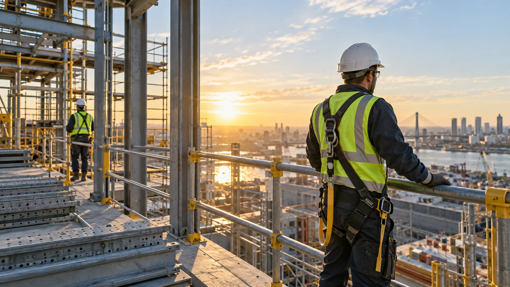 Sicherheitsfachkraft auf einer Baustelle im Abendlicht mit Blick über das Projekt